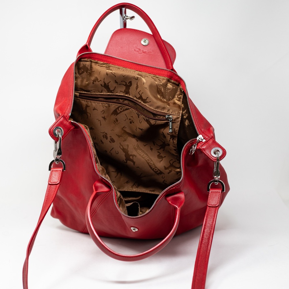 Longchamp Le Pliage Cuir Medium Genuine Leather Crossbody Satchel Bag Purse Red - Picture 6 of 6